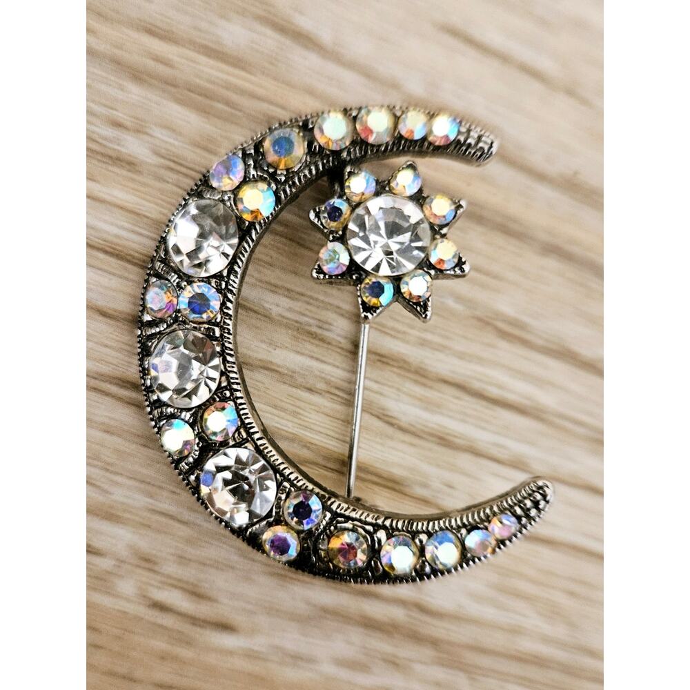 Vintage Brooch Lapel Pin Crescent Moon Rhinestone Silver Tone Metal Flower Sun